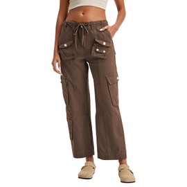 GREAIDEA Cargo Pants for Women Low Rise Drawstring Waist 7 Pockets Hiking Work Wide Leg Pants with Zipper Button Closure Brown