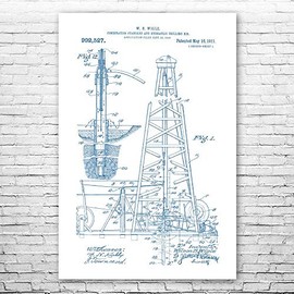 Oil Drilling Rig Poster Print, Rig Worker, Roughneck Gift, Oil Industry Art, Oil Well Blueprint, Energy Contractor Blue & White (12 inch x 16 inch)
