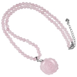 TUMBEELLUWA Carved Rose Flower Pendant Beaded Necklace, Healing Crystal 4mm Beads Stackable Layered Bracelet Jewelry Gifts for Women, Rose Quartz
