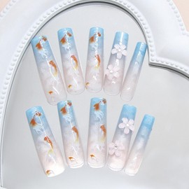 Long Square Press on Nails 3D Floral Fake Nails Blue&Pink Long Nails with Goldfish Flower Designs Sparkly Nails Stick on Pretty Glossy Glue on Nails for Women 24Pcs