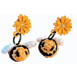 Honey Bee Charm Dangles Crochet Earrings (Yellow Sunflower Glitter Yarn Crochet Bee)