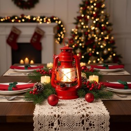 Hortsun 2 Pcs 8 Inch Vintage LED Hurricane Lantern Metal Red Outdoor Battery Operated Hanging Lantern with Warm LEDs and Dimmer Switch for Halloween Christmas Indoor Rustic Farmhouse Camping Decor