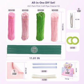 Qrhky Pipe Cleaner Flowers Kit, 432PCS Pastel Pipe Cleaners for Flowers, Chenille Stems, Floral Wire, Tape, Glue, Scissors & More for DIY Flower Bouquet Craft Projects