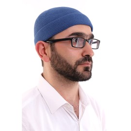 Turkish Muslim Winter Velvet Roll-up Edge Kufi Hats for Men, Taqiya, Takke, Islamic Gifts, Standart Size, Blue/Style 10