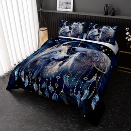 Nttopship Wolf Animal Comforter Set Full Size,Modern Wildlife Animal Comforter Wolf Bedding Set for Girls Boys Kids Teens Watercolor Wolf Dark Clouds Wild Animal Comforter with 2 Pillowcases