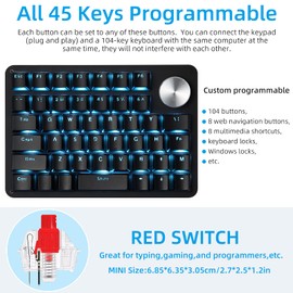 Koolertron One Handed Mechanical Gaming Keyboard with 24 Macro Keys, 45-Key Fully Programmable Mini Keypad, Blue Backlit/Red Switches for Windows PC Gamers