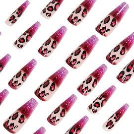 Purpel Glitter Press on Nails Long Coffin Stick on Nails Leopard Print Fake Nails French False Nails Gradient Glue on Nails Glossy Acrylic Nails Full Cover Artificial Nails Kit for Women Girl 24Pcs