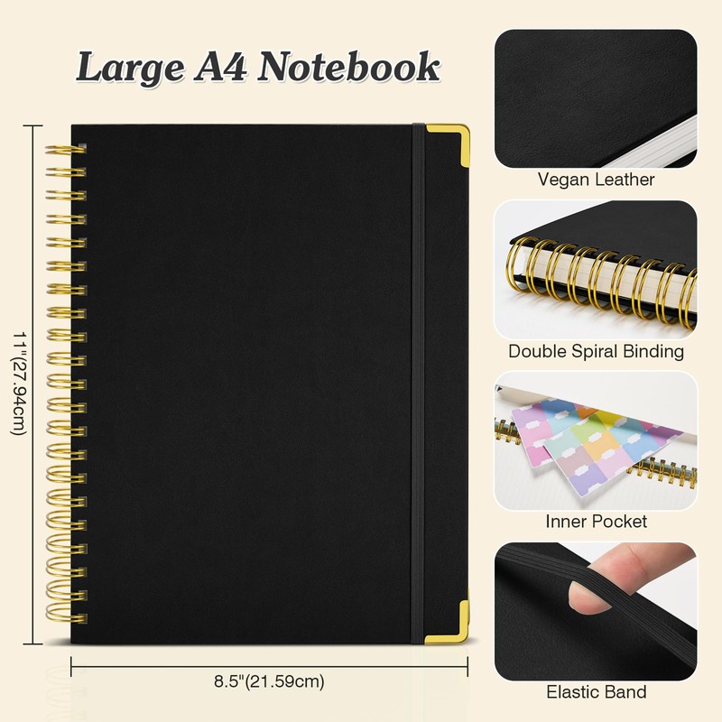 Bullet Dotted Journal Spiral Notebook, 300 Pages Leather Notebooks with