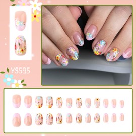 Colorful Flower False Nails Pink French Tip Press on Nails Spring Summer Floral Fake Nails Glossy Acrylic Nails Medium Oval Full Cover Stick on Nails for Women