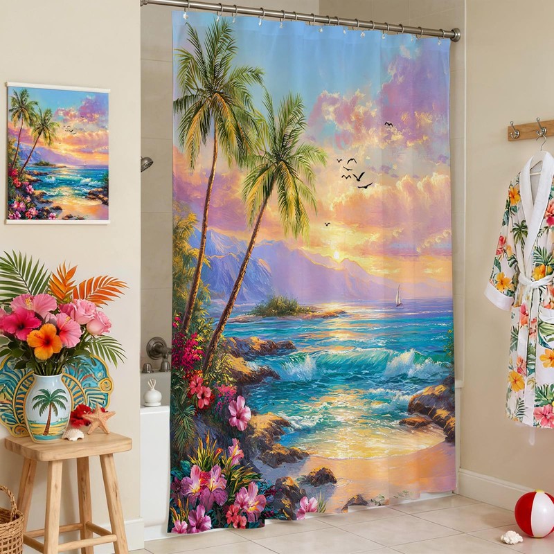 Mocsicka Beach Coastal Seaside Shower Curtain (Multicolor, 71x71 Inch)