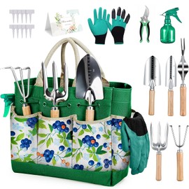 Gardening Tools Set, 11-Piece Heavy Duty Rust-Proof Garden Supplies with Ergonomic Handles & Durable Tote Organizer, Essential Perfect Gardening Gifts for Women and Beginner, Green