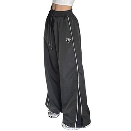 ZAFUL Womens Parachute Pants Y2k Baggy Elasitc Waist Track Pants Contrast Pipping Sweatpant Trousers(1-Deep Grey, XL)