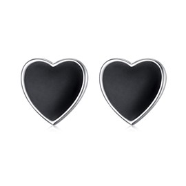 Flyow 925 Sterling Silver Jewellery Heart Black Stud Earrings Stud Earrings for Women Gift, Sterling Silver