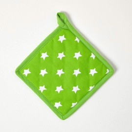 HOMESCAPES - Pure Cotton Pot Holder - Stars - Lime Green Orange - 20 x 20 cm - Fully Coordinated Washable Kitchen Linen