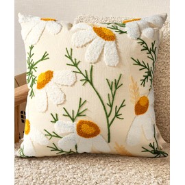 Miss Adola Embroidered Cushion Covers 45 x 45 - Spring Sofa Cushion Cover with Zipper for Couch Bedroom Aesthetic Soft Cotton Decorative Throw Pillow Cases, White Flowers