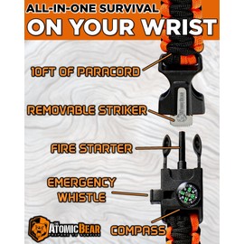 Atomic Bear Paracord Bracelet (2 Pack) - Adjustable - Fire Starter - Loud Whistle - Perfect for Hiking, Camping, Fishing and Hunting - Black & Black+Orange