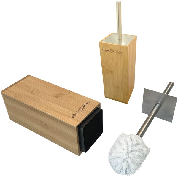 Bamboo Toilet Brush Stainless Steel Handle | Sustainable Bamboo with Freestanding Bamboo Wood Toilet Bowl Brush Holder | Bathroom Accessories Set