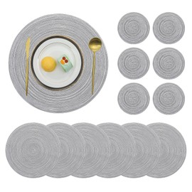 Pauwer Round Washable Place Mats and Coasters Set of 6, Braided Heat Resistant Table Mats Washable Non-Slip Place Mats for Dining Room, Kitchen, Wedding, Party
