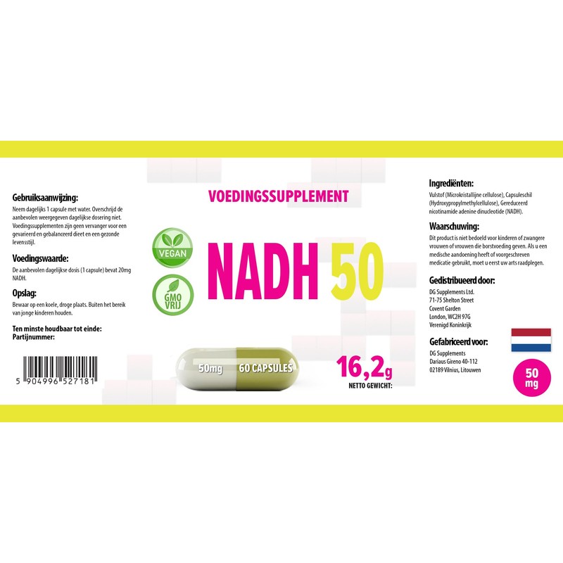 NADH 50 mg 60 Vegan Capsules, Laboratory Tested, High Dosage,