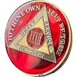 39 Year AA Medallion Metallic Mandarin Red Sobriety Chip XXXIX