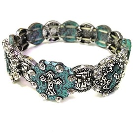 Western Peak Rhinestone Cross Vintage Floral Carving Stretch Bracelet (Turquoise)