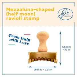 La Gondola Homemade Ravioli Stamp - Mezzaluna Shape (Half Moon) 90mm | Italian Pasta Making Tool for Home and Business | Brass & Natural Wood | Easy to Use Ravioli Stamp | Pasta Cutter Made in Italy