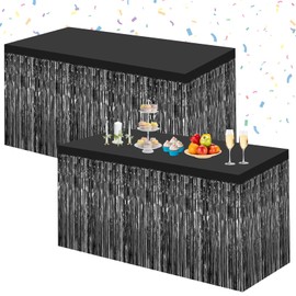 Morcheiong 2 Pack 29.5x108 Inch Black Foil Fringe Tinsel Table Skirts Disposable Table Skirt Banner for Rectangle Tables Tinsel Backdrop Curtain Party Supplies Wedding Parade Floats Decorations