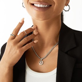 KissYan Gold Initial Necklace,14K Gold Plated Round Letter Pendant Hollow Capital Monogram 5mm Cuban Chain Necklace Alhpabets from A-Z Dainty Jewelry for Women Men Girls(Silver Z), Stainless Steel, No Gemstone