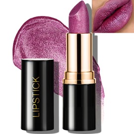 Wugbc Glitter Lipstick Purple Shimmer, Metallic Lip Stick Long Lasting Waterproof Pearl Diamond Cream Lipstick Makeup Sparkle High Pigmented Shine Moisturizing Lip Balm Non Stick Cup for Women