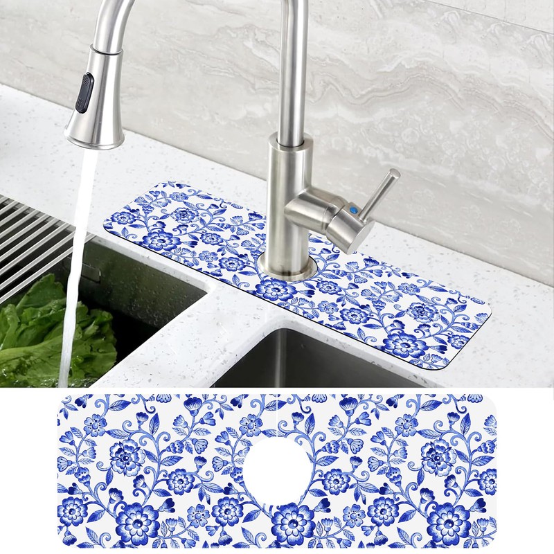 Watercolor Blue Floral Kitchen Sink Splash Guard Mat - Absorbent