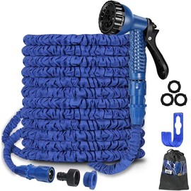 Garden Hose Pipe, Expandable Garden Hose with 1/2" and 3/4" Fittings, Stretchable Hose with 7 Functional Hose Nozzles, Latex Core Hosepipe Leakproof for Gardening Car Wash 100 FT (Blue)