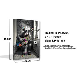 QPOKLAF Graffiti Highland Cow Wall Art for Bathroom,Funny Animal Canvas Wall Decor for Bedroom, Black and White Graffiti Print,Restroom Wall Decor 12x16 Inch