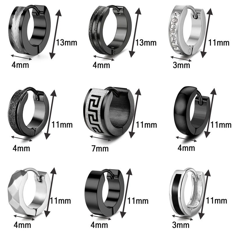 RIOSO 9Pairs Hoop Earrings for Men Stainless Steel Black Men's