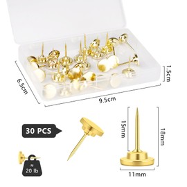30 Pack Metal Push Pins Thumb Tacks for Walls Multipurpose Drawing Pins for Cork Board Bulletin Board Maps Office Home Decor (Gold)