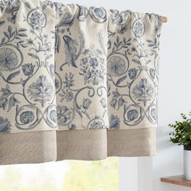 jinchan Linen Valance Kitchen Curtain for Windows Double Layer 18 Inch for Living Room Bedroom Bathroom Window Treatment Blackout Vintage Rustic Farmhouse Cottagecore Rod Pocket 1 Panel Blue on Beige