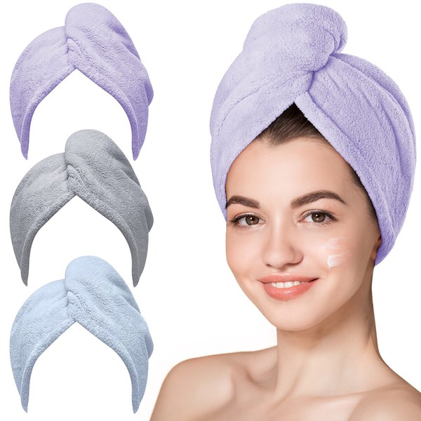 Microfiber Hair Towel,Hicober 3 Packs Hair Turbans for Wet Hair, Drying Hair Wrap Towels for Curly Hair Women Anti Frizz(Purple,Blue,Grey)