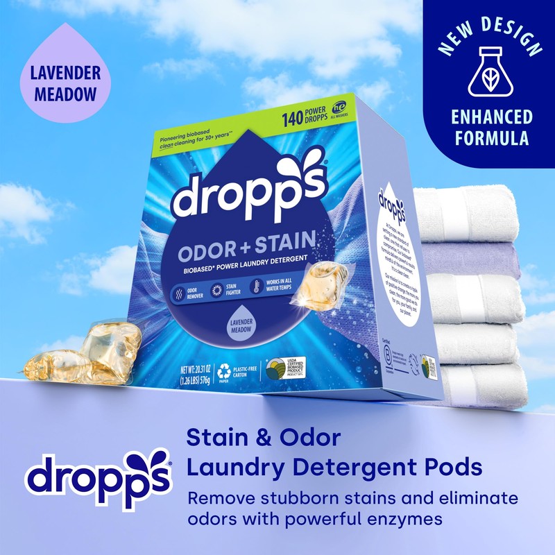 Dropps Odor & Stain Biobased Power Laundry Detergent Pods, Lavender