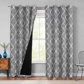 Beauoop 100% Blackout Curtains 90 Inches Long 2 Panels for Bedroom Living Room Grey Moroccan Geo Room Darkening Thermal Insulated Soundproof Grommet Top Window Treatments Drapes, 50x90 Set of 2
