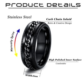 Milacolato Pack of 16 Stainless Steel Fidget Ring Spinner Rings for Women Wedding Promise Black Band Rings Cool Black Rings for Men 52-70, stainless steel