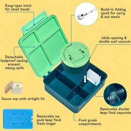 MAXSO Bento Lunch Box Set with 8 oz Soup Thermo, Kids Leakproof 4 Compartments Hot Food Container with Sauce Cup, Ice Pack and Lunch Bag, Child Insulated Food Jar for School - Green