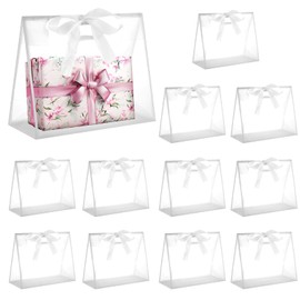 KKONHII 12 Pcs Clear Plastic Gift Bagswith Ribbon Reusable Transparent Totes Bags with Die Cut Handles Flower Gift Bag for Wedding Bridal Shower Baby Shower Birthday Party Business, 12 x 10 x 5''