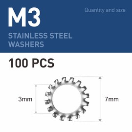 BOUMVID Pack of 100 M3 Tooth Washers Locking Washers, Serrated External Toothing Washers, Stainless Steel 304 Tooth Washers Clamping Discs Size Assortment Spring Washers for Screw Attachment