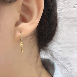 Huggie Small Sleeper Hoop Earrings for Women Sterling Silver Cubic Zirconia with Charms Cute Drop Dangle Cuff Cartilage Helix Stud Dainty Multiple Jewelry (yellow Heart Key)