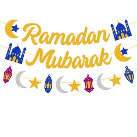 Ramadan Mubarak Banner Ramadan Star Moon Lantern Castle Theme Supplies for Muslim Islamic Ramadan Kareem Festival Celebration Party Decorations （Gold）