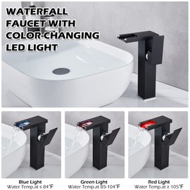 Black Bathroom Faucet Vessel Waterfall Open Spout LED Light 3 Color Changing One Hole Handle Brass Vanity Bowl Sink Faucets Bath Lavatory without Overflow Pop Up Drain Stopper Hose Modern Deck Mount