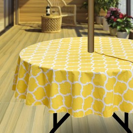Hipinger Vinyl Square Tablecloth with Zipper and Umbrella Hole, Outdoor Oil Waterproof PVC Table Cover for Patio 60 Inch Round, Yellow Moroccan, 60" Round-Zippered
