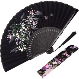 JOHOUSE JOHOUSE Boots on The Ground Hand Fan, Black Folding Fabric Fans for Line Dancing Handheld Chinese Style Crafts for Dancing, Wedding, Party Favors DIY Decoration