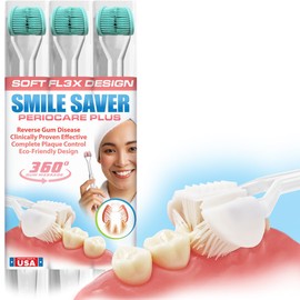 Smile Saver 360° Periocare 3-Sided Toothbrush for Gum Health Massage Therapy | Sustainable U-Shaped Triple Perio Sensitive Soft Bristle Heads + Tongue Scraper Fresh Breath (Teal Heads - Soft)