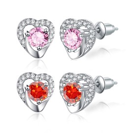 Pink Heart Earrings Set, Sterling Silver Stud Earrings, Silver Studs Earrings for Women Girls, Orange Birthstone Earrings Gifts for Daughters, Hypoallergenic Earrings Studs Jewellery Gifts for Her