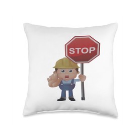construction worker with a stop sign colored comic style Throw Pillow
